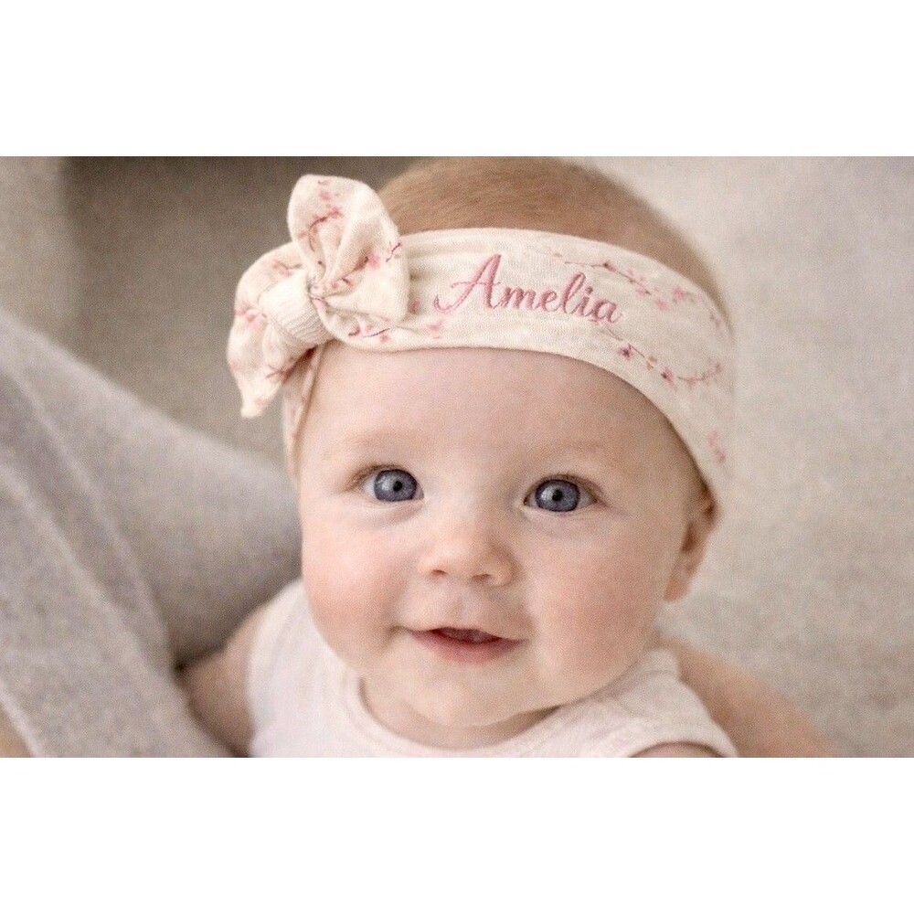 Personalized Baby Girl Headband EMBROIDERED Name Newborn Cotton Stretch Bow Gift